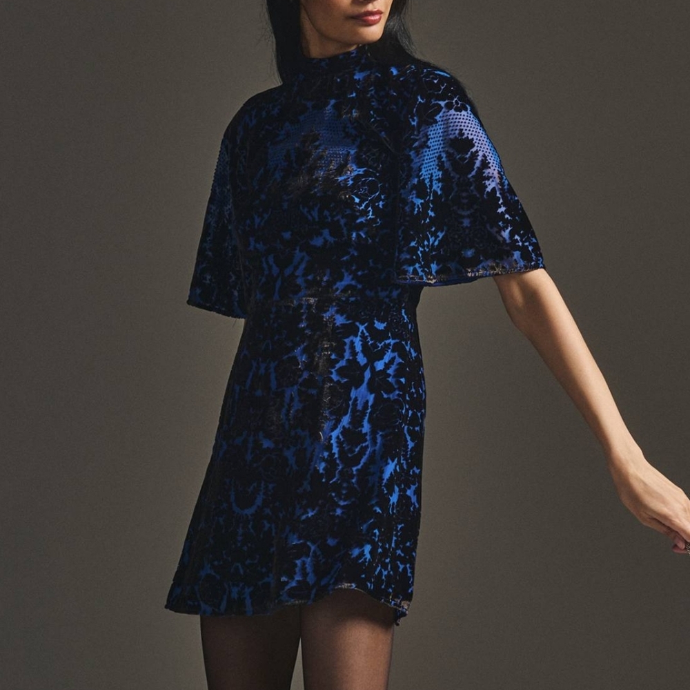 Anthropologie By Anthropologie Mock-Neck Blue Velvet Mini Dress Romantic Size 4